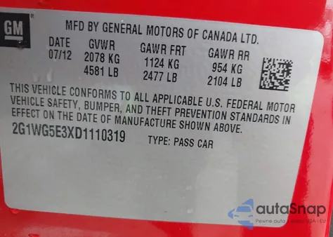 2013 Chevrolet Impala Lt из США, поврежденный, VIN 2G1WG5E3XD1110319